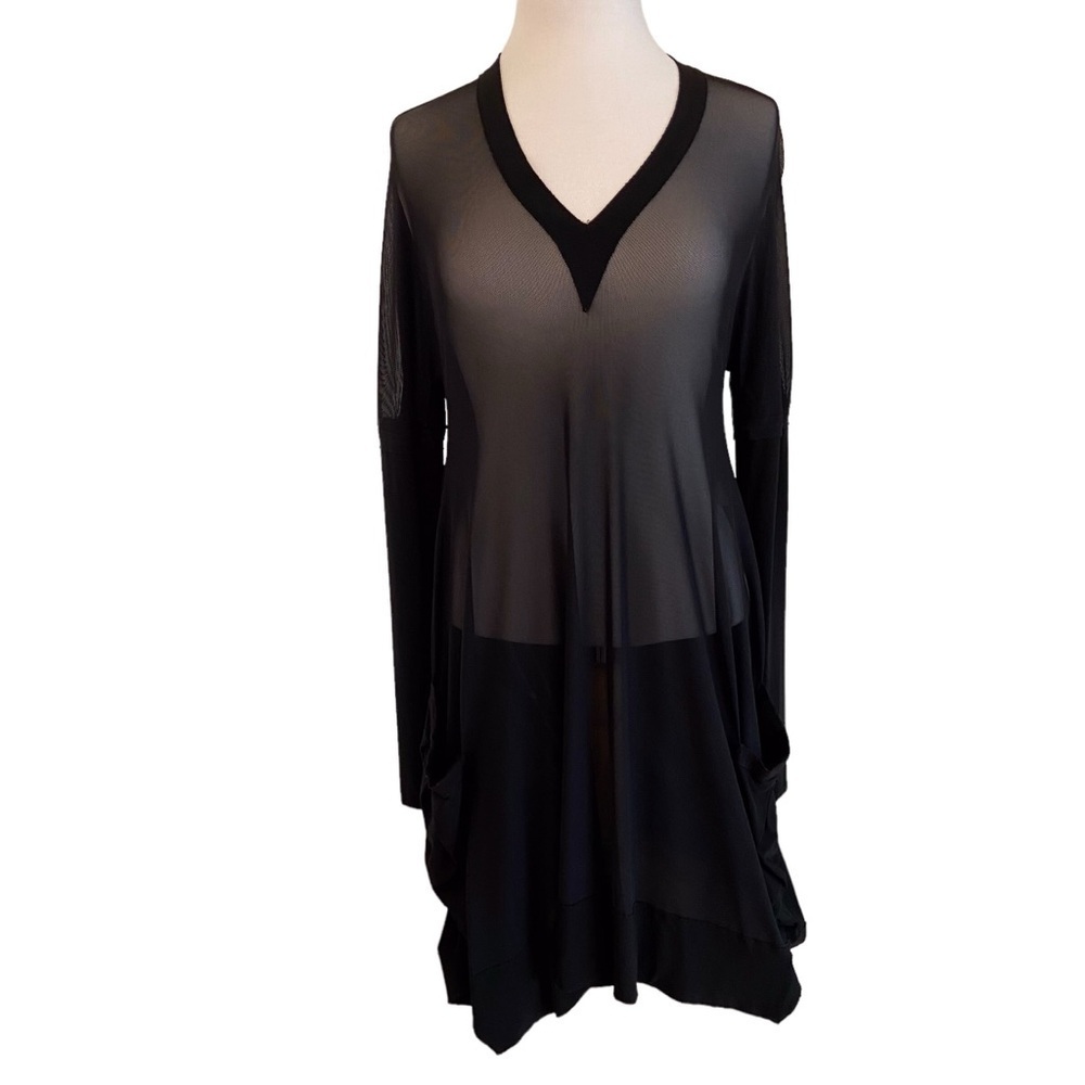 Marie St-Pierre designer Montreal black tunique dress sheer long sleeve V neck 1